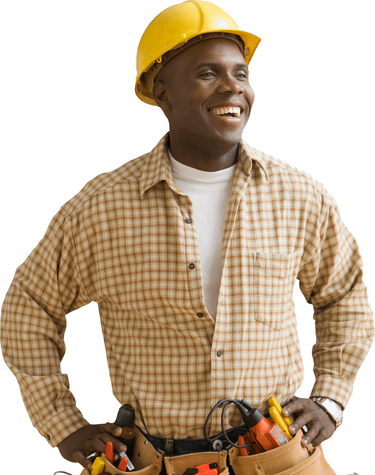 Man wearing yellow hard hat and yellow shirt.