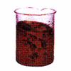 Beaker with dark red liquid.